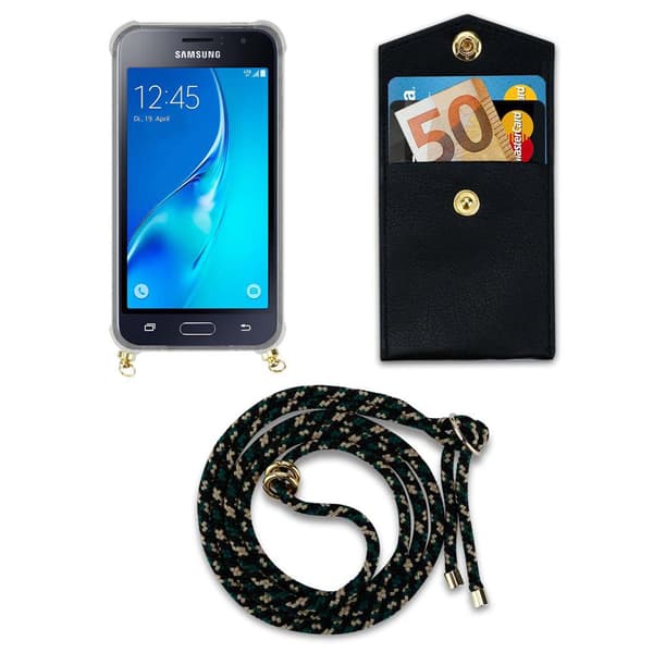 Deksel med kedja for Samsung Galaxy J1 2016 Case med gullringer, ledningsstropp og avtakbart etui