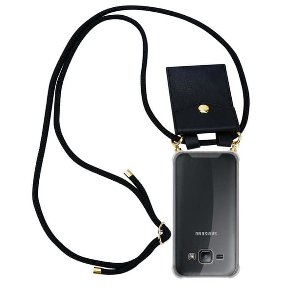Samsung Galaxy J1 2015 Suojakuori ketju Silikoni suojakotelo Gold Rings johto hihna ja irrotettava asia MUSTA
