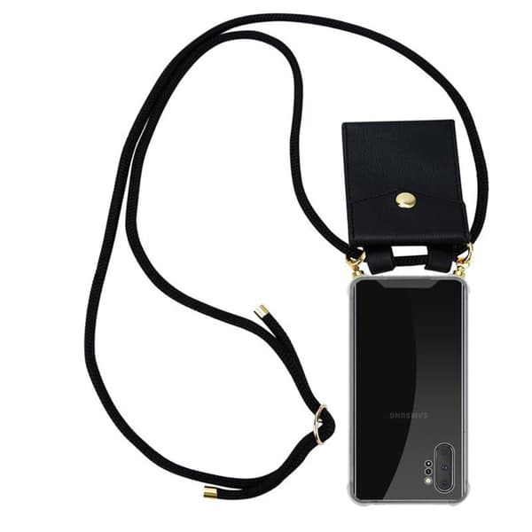 Deksel med kedja for Samsung Galaxy NOTE 10 PLUS Case med gullringer, ledningsstropp og avtakbart etui SVART