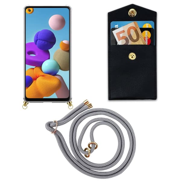 Deksel med kedja for Samsung Galaxy A21s Case med gullringer, ledningsstropp og avtakbart etui