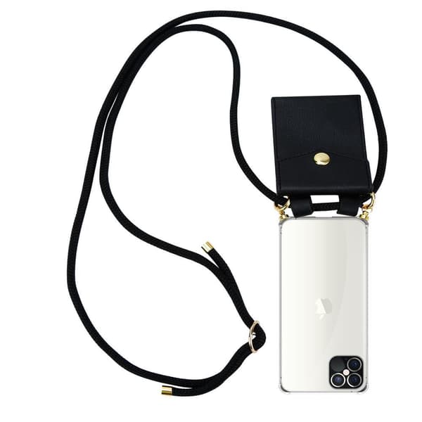 Deksel med kedja for iPhone 12 PRO MAX Case med gullringer, ledningsstropp og avtakbart etui SVART