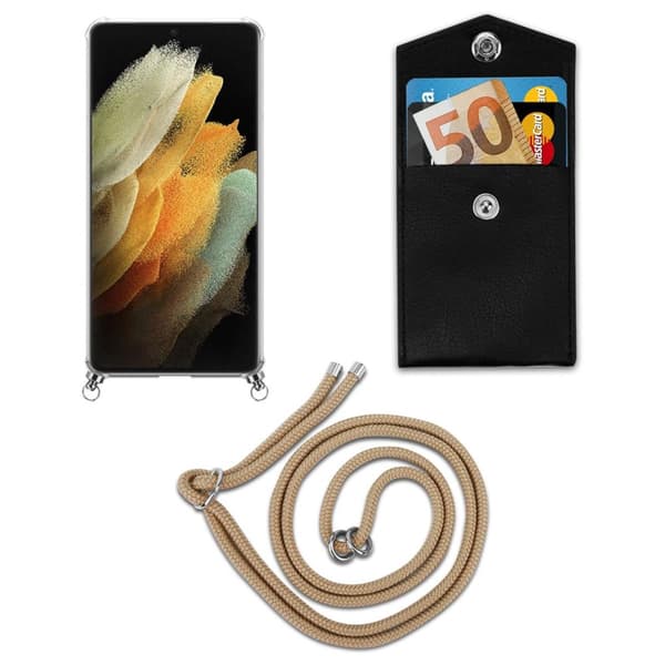 Deksel med kedja Samsung Galaxy S21 ULTRA Case med sølvfargede ringer, ledningsstropp og avtakbart etui