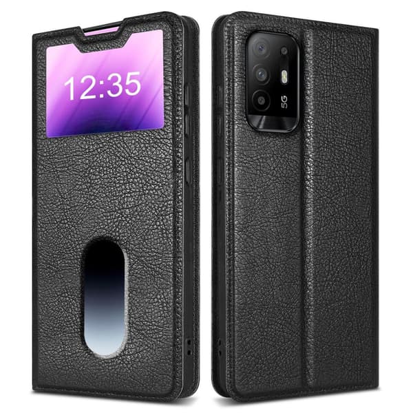Oppo A94 5G Suojakotelo Suojakuori Lompakkokotelo Matkapuhelinkotelo jossa on magneettisuljenta, jalusta-toiminto ja 2 katseluikkunaa