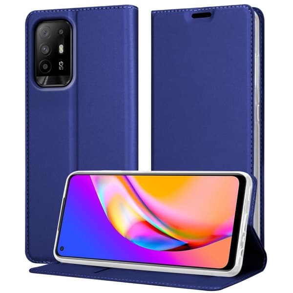 Deksel til Oppo A94 5G Lommebokdeksel med magnetisk lukking, stativfunksjon og kortlomme KLASSISK MØRKEBLÅ