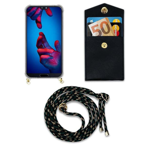 Deksel med kedja for Huawei P20 Case med gullringer, ledningsstropp og avtakbart etui