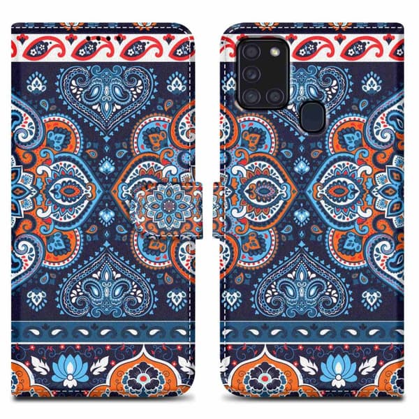 Samsung Galaxy A21s Skal Plånboksfodral Mobilskydd Fodral Case med magnetisk stängning, ståfunktion och kortficka Blå Mandala No. 1