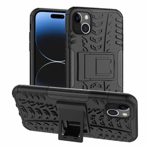 Iskunkestävä kuori jalustalla Apple iPhone 15 Plus - Musta