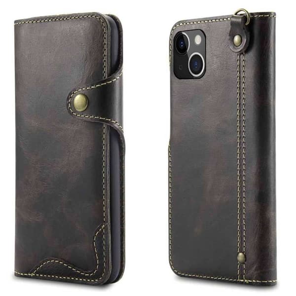 Wallet 3-kort ægte læder Apple iPhone 15 Plus - Sort