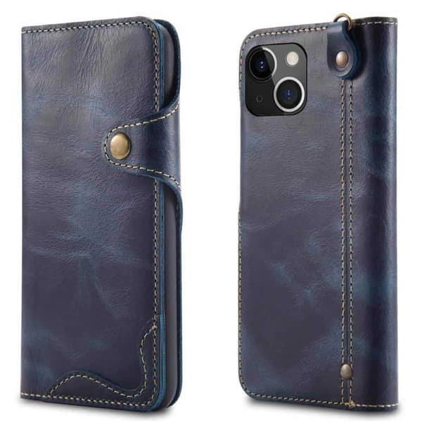 Lompakkokotelo 3-kortti aitoa nahkaa Apple iPhone 15 Plus - Sininen