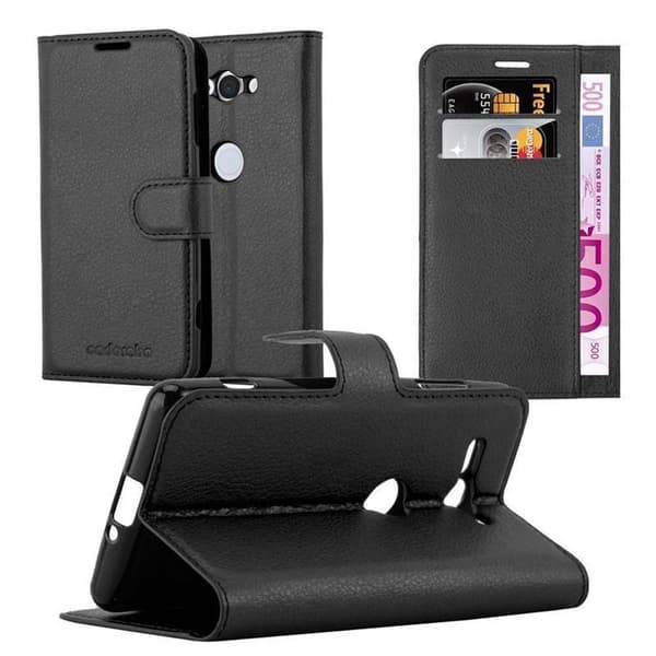 Sony Xperia XZ2 COMPACT Suojakotelo Lompakkokotelo Matkapuhelinkotelo Suojakuori jossa magneettisuljenta, jalusta-toiminto ja korttitasku PHANTOM MUSTA