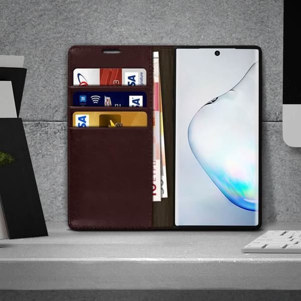 Äkta läderfodral - AVIZAR - Galaxy Note 10 Plus - Kortficka - Video-stöd - Mörkbrun
