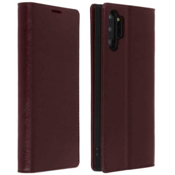 Äkta läderfodral - AVIZAR - Galaxy Note 10 Plus - Kortficka - Video-stöd - Mörkbrun