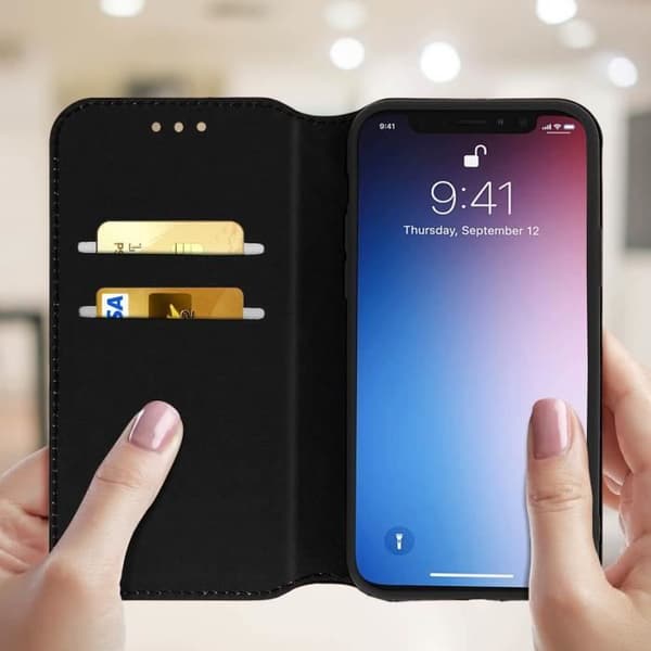 iPhone 11 Pro Max-fodral - AVIZAR - Folio Plånboksfodral - Ekologiskt Läder Svart - Stöd Funktion