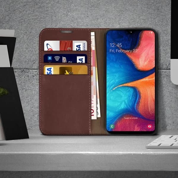 Foliofodral - AVIZAR - Galaxy A20e - äkta läder - kortfack - videostöd - mörkbrun