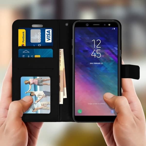 Smartphone-fodral - Samsung - Galaxy A6 - Ekologiskt skinn - Svart - Stödfunktion