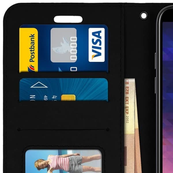 Smartphone-fodral - Samsung - Galaxy A6 - Ekologiskt skinn - Svart - Stödfunktion