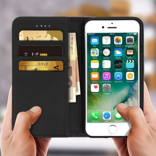 iPhone 7 och 8-fodral - AVIZAR - Folio-fodral - Ekologisk läder - Kortfack - Stödfunktion svart