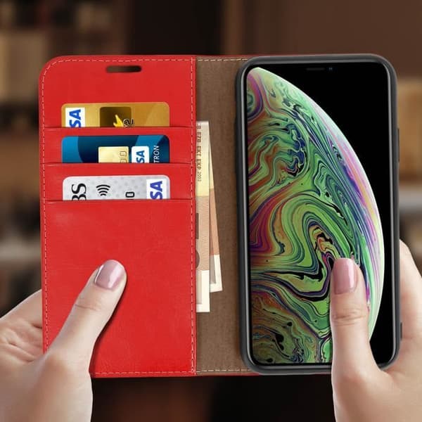 iPhone XS Max-fodral - Apple - Läderplånbok - Röd - Video Stöd - Heltäckande Skydd