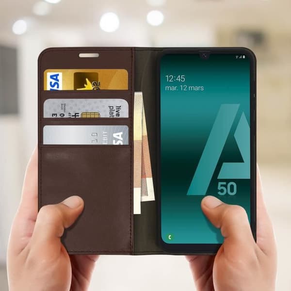 Etui för Samsung Galaxy A50 - AVIZAR - Folio Läderfodral - Videostöd - Brun - Heltäckande Skydd