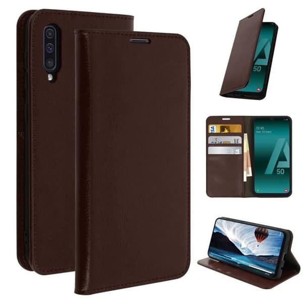 Etui för Samsung Galaxy A50 - AVIZAR - Folio Läderfodral - Videostöd - Brun - Heltäckande Skydd
