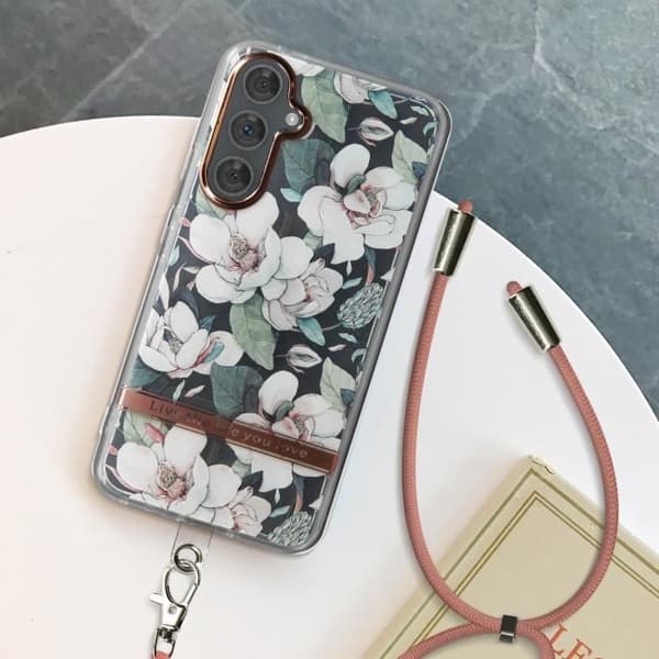 AVIZAR Skyddsfodral för Samsung Galaxy A54 5G - Blomstertryck - Rosa - Elegant snöre