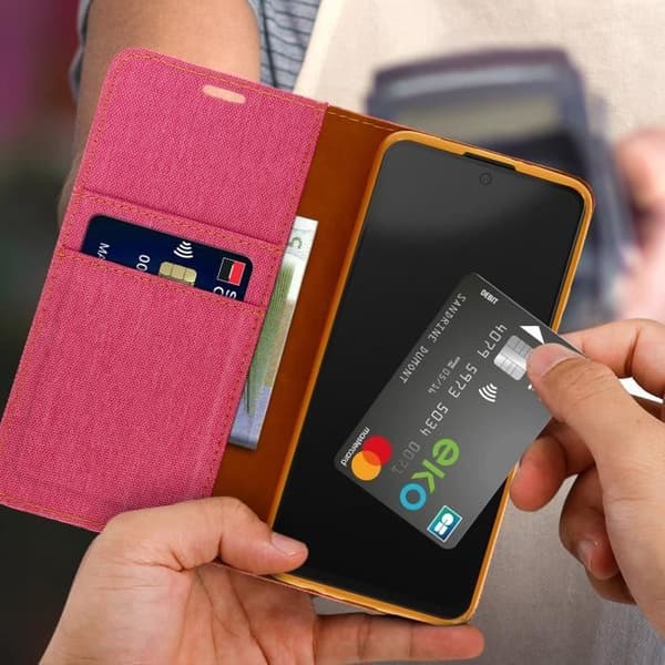 Xiaomi Poco M4 Pro 5G och Redmi Note 11S 5G Fodral Tyg Korthållare Stativ Rosa