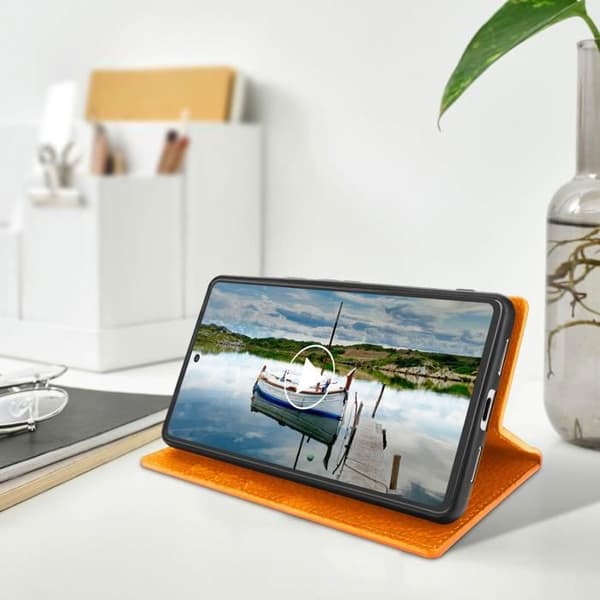 Texturerat plånboksfodral i läder till Google Pixel 7 - AVIZAR - Orange - Stel - Flik