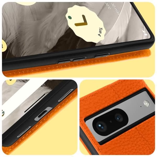Texturerat plånboksfodral i läder till Google Pixel 7 - AVIZAR - Orange - Stel - Flik
