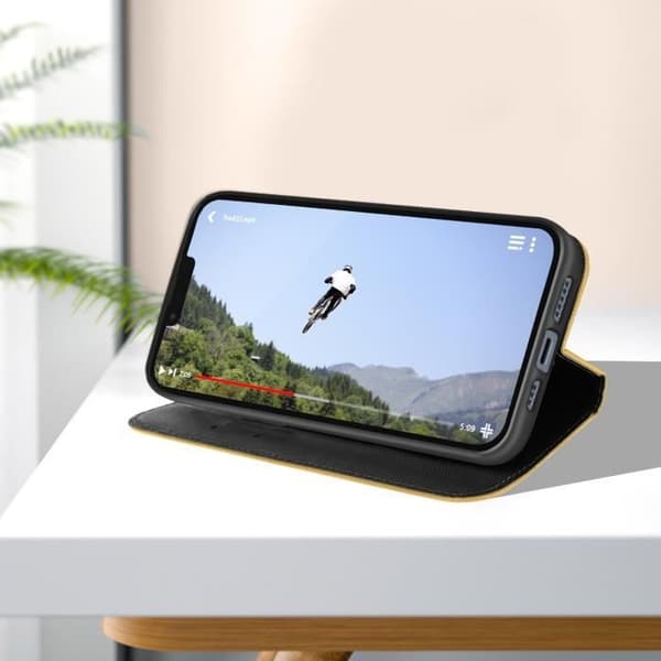 iPhone 14 fodral Plånbok Korthållare Tvåfärgad guld och svart videostöd