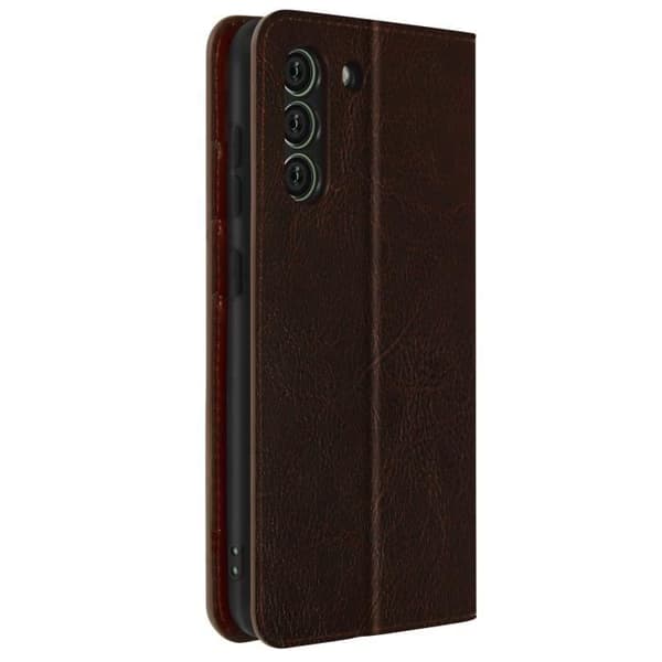 Galaxy S21 FE Foliofodral Korthållare i äkta läder Videostöd - brun