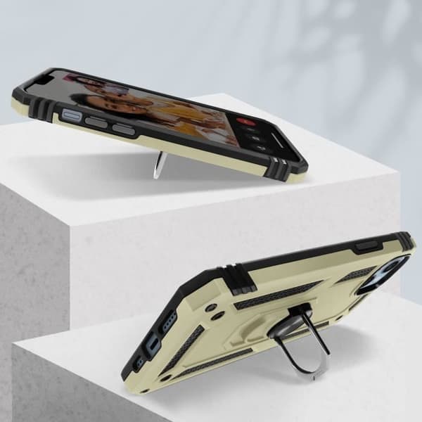 AVIZAR iPhone 14 Plus fodral - Stötsäker hybrid - Guld låsring - Magnetisk stöd kompatibel