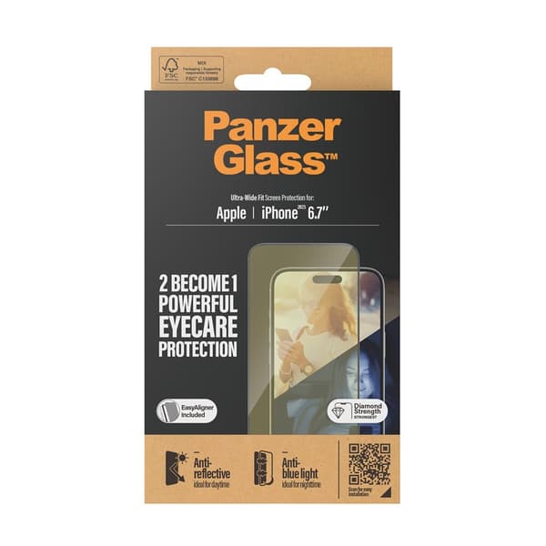 PanzerGlass iPhone 15 Plus Skærmbeskytter Eyecare Ultra-Wide Fit EasyAligner