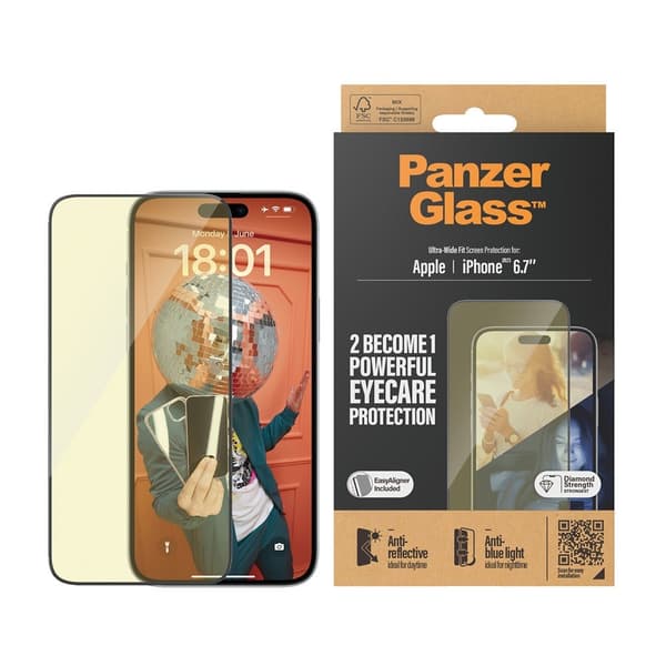 PanzerGlass iPhone 15 Plus Skærmbeskytter Eyecare Ultra-Wide Fit EasyAligner