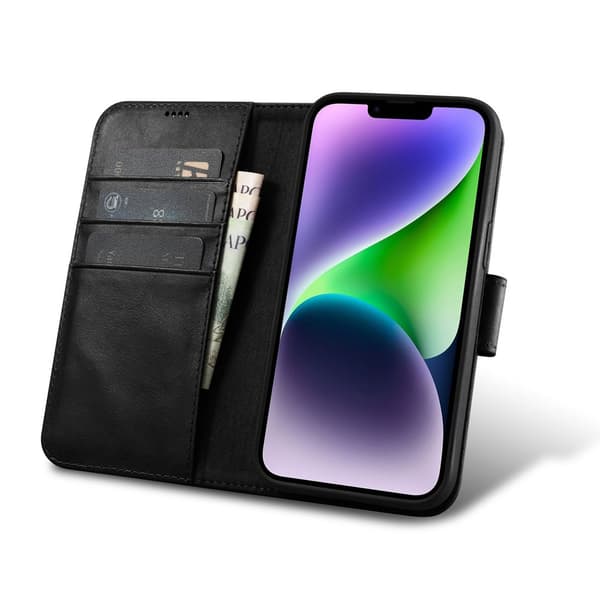 iCarer nahkakotelo RFID-suojauksella iPhone 14 Plus -puhelimelle - musta