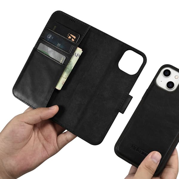 iCarer nahkakotelo RFID-suojauksella iPhone 14 Plus -puhelimelle - musta