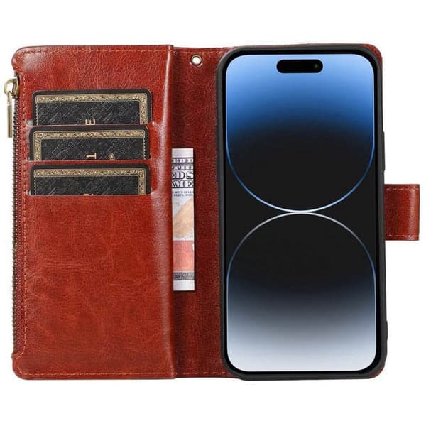 DoubleFlip Zipper 9-kort Apple iPhone 15 Pro - Brun