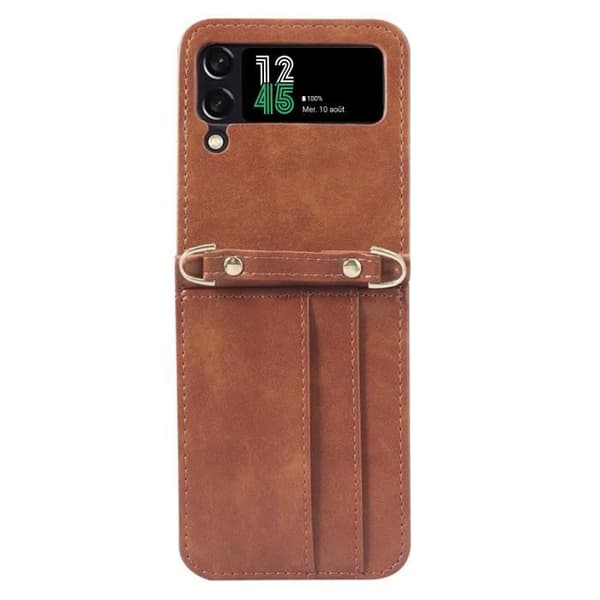 Fodral för Samsung Z Flip 4 läderkorthållare Lanyard mångsidigt fodral brun