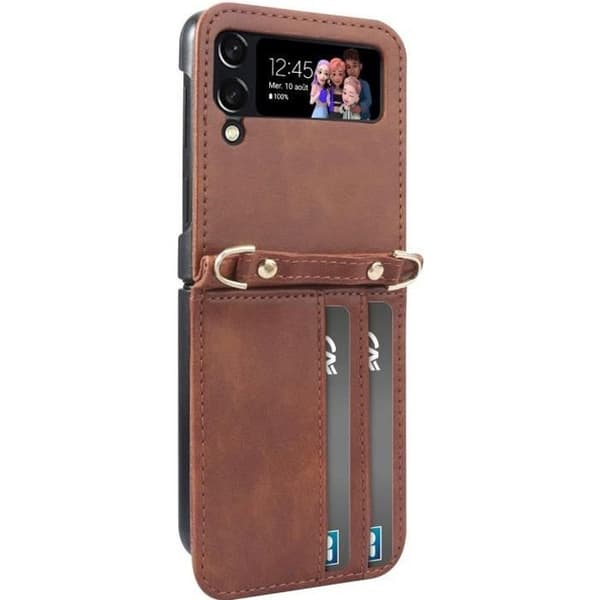 Fodral för Samsung Z Flip 4 läderkorthållare Lanyard mångsidigt fodral brun