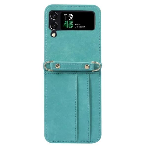 Fodral för Samsung Z Flip 4 Läderkorthållare Lanyard mångsidigt fodral Turkos