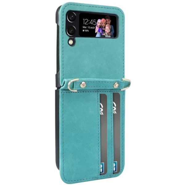 Fodral för Samsung Z Flip 4 Läderkorthållare Lanyard mångsidigt fodral Turkos