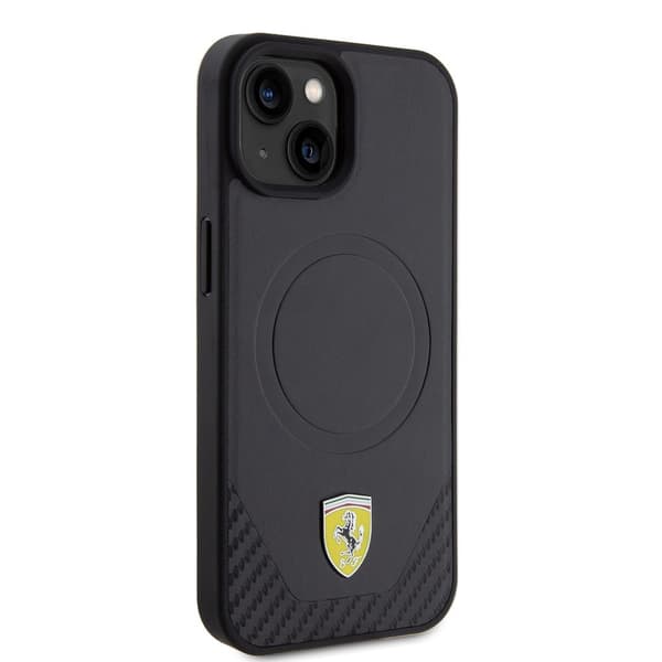 Ferrari iPhone 15 Plus Cover Carbon PU Leather MagSafe Sort