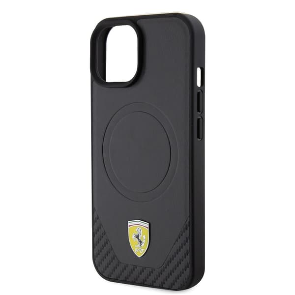 Ferrari iPhone 15 Plus Cover Carbon PU Leather MagSafe Sort