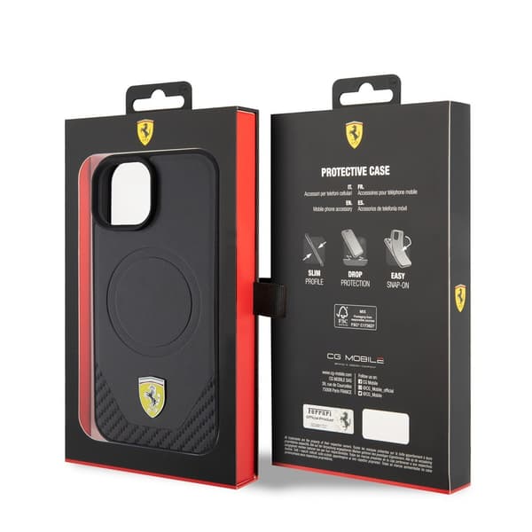 Ferrari iPhone 15 Plus Cover Carbon PU Leather MagSafe Sort