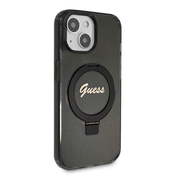 Guess iPhone 15 Skal Ring Stand Glitter MagSafe Svart