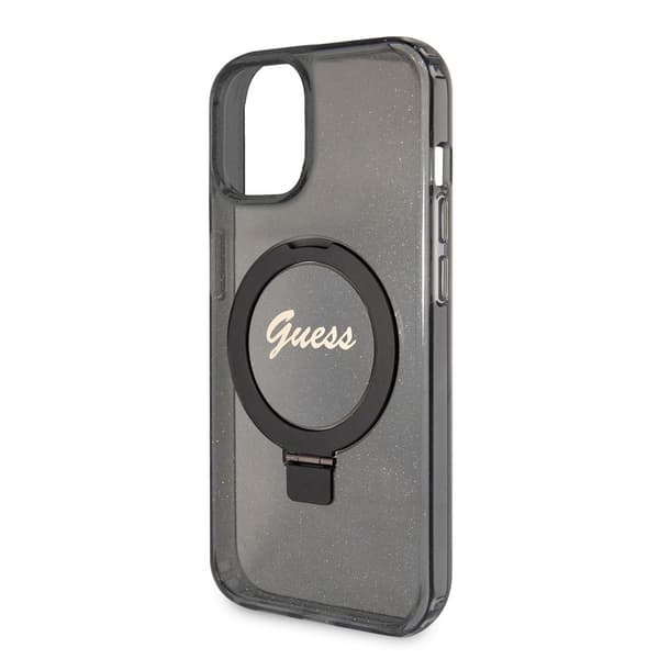 Guess iPhone 15 Skal Ring Stand Glitter MagSafe Svart