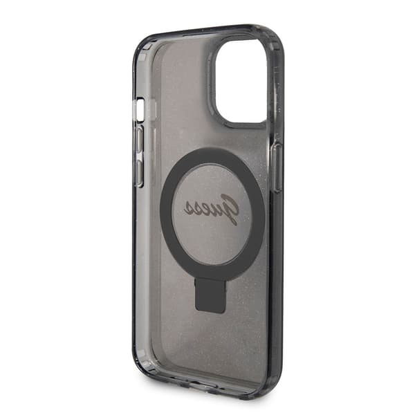 Guess iPhone 15 Skal Ring Stand Glitter MagSafe Svart