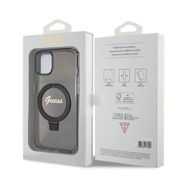Guess iPhone 15 Skal Ring Stand Glitter MagSafe Svart