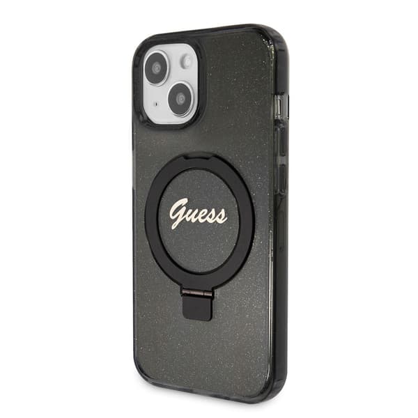 Guess iPhone 15 Skal Ring Stand Glitter MagSafe Svart