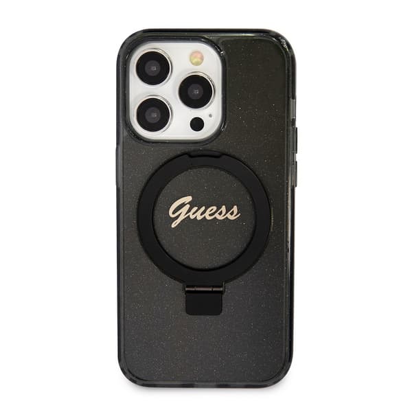 Guess iPhone 15 Pro Max Kuori Ring Stand Glitter MagSafe Musta