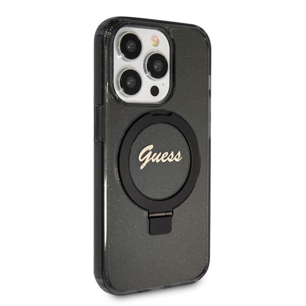 Guess iPhone 15 Pro Max Kuori Ring Stand Glitter MagSafe Musta